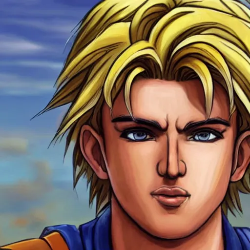 Image similar to photorealistic depiction of alexander the great, with blonde goku hair, style is realistic, colorful, real life