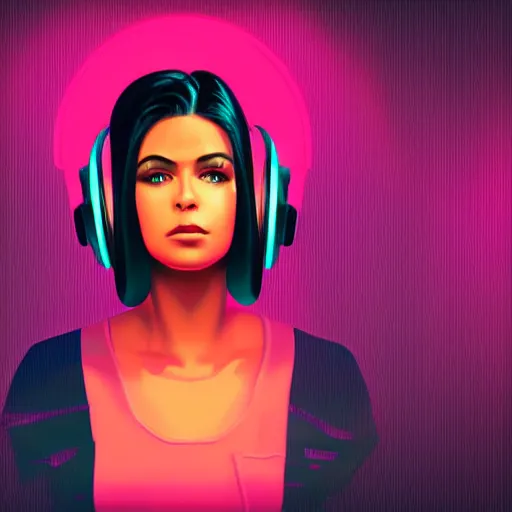 Image similar to synthwave girl wearing headphones, animated, trending on artstation, portrait