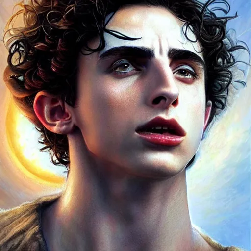 Image similar to ultra realistic upper body portrait of a herculean hulking timothee chalamet as erebus, the god of darkness and shadow, solar eclipse, digital art by artgerm and karol bak