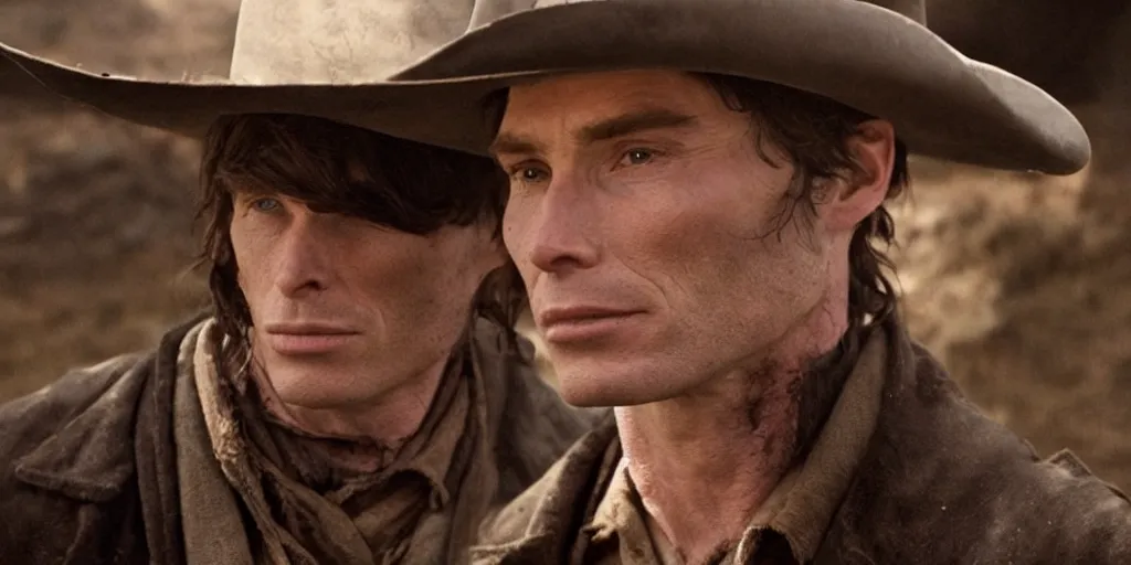 Image similar to portrait of rugged bandit cillian murphy [ alone ] in the old west, strangling a cowboy, volumetric lighting, cinematic, dark, grim. directed by coen brothers.