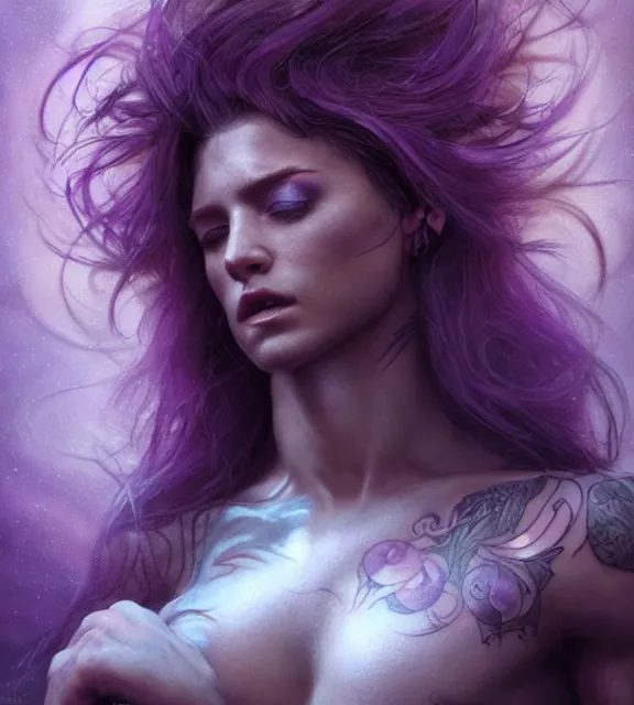 Image similar to muscular female singer, perfect face, intricate tattoos, purple flowing hair, abs, cinematic, blush, stunning, athletic, moist, strong, agile, highly detailed, hard focus, sensual lighting, art by jessica rossier and brian froud