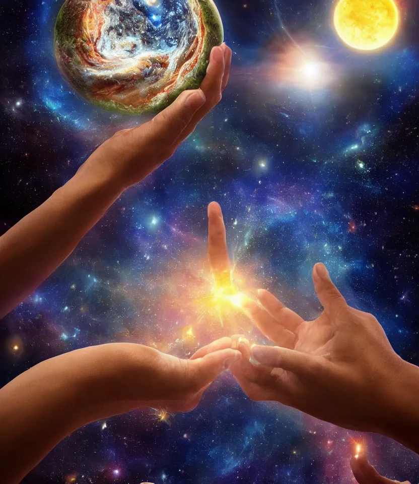 Image similar to portrait of divine god of creation crafting life in the palm of their hand | world building, epic scene, movie poster, wallpaper | hyper-realistic, intricate detail, highly detailed, photo-realistic, 3D, 4K HD, cinematic, dramatic, symmetrical, anatomically correct | space, sun, moon, stars, galaxy, solar system, time, life, creation, spirit, aura, ethereal, god-like, heavenly, divine being, holy | artstation, pixiv, digital painting, clip studio paint, photoshop, character concept art, zbrush, octane render, sharp focus | drawn by wayne barlowe, drawn by arthur adams, drawn by richard corben