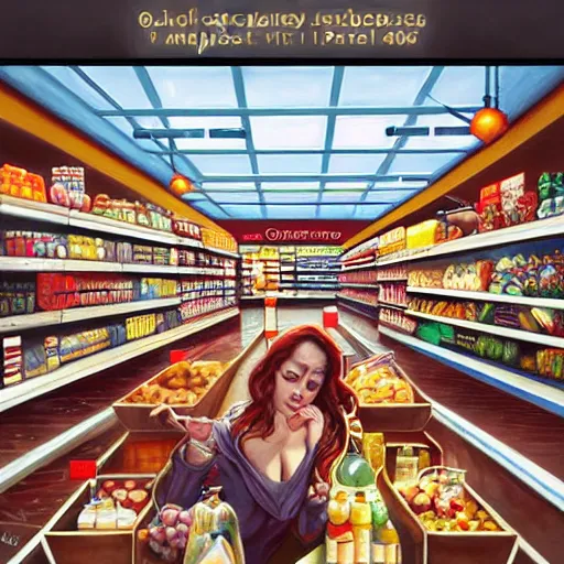 Image similar to a beautiful painting of a pristine and sterile supermarket grocery store, representative of the art style of artgerm and wlop and peter mohrbacher, portrait