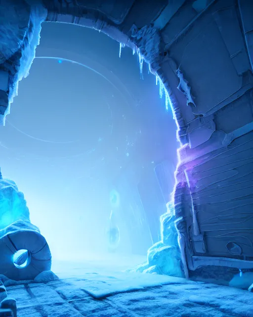 Image similar to interdimensional galaxy portal covered in frost, ice gate, volumetric light, volumetric fog, unreal engine, frostpunk photorealistic, 8 k by beeple