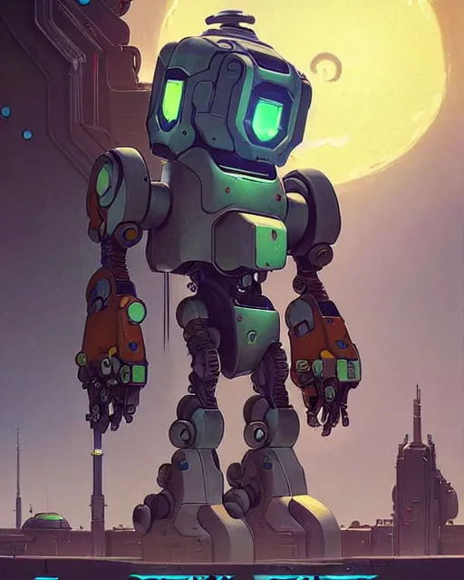 Image similar to bastion the friendly robot from overwatch, character portrait, portrait, close up, concept art, intricate details, highly detailed, vintage sci - fi poster, retro future, in the style of chris foss, rodger dean, moebius, michael whelan, and gustave dore