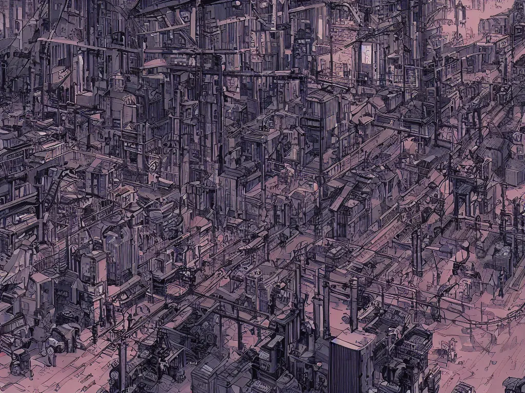 Image similar to industrial neighborhood in a cyberpunk city, in the style of james jean and laurie greasley, dynamic composition, dramatic lighting, hyper - realistic, ultra detailed