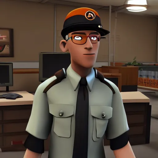Prompt: TF2 scout confused a computer on an office desk, game render