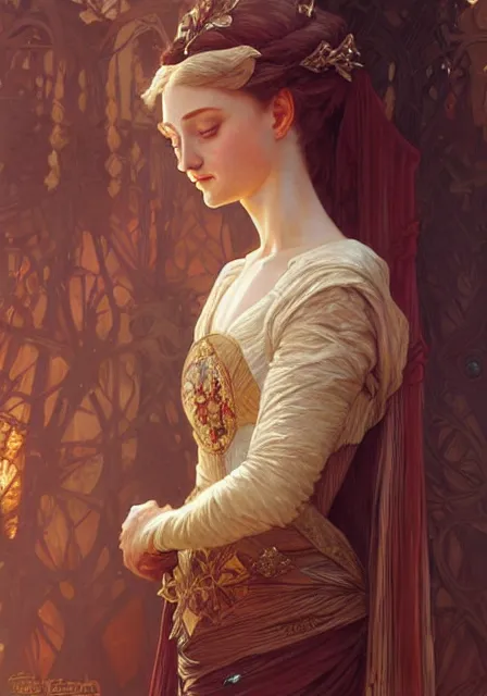 Image similar to sansa coronation, intricate, elegant, highly detailed, digital painting, artstation, concept art, smooth, sharp focus, illustration, art by artgerm and greg rutkowski and alphonse mucha and william - adolphe bouguereau