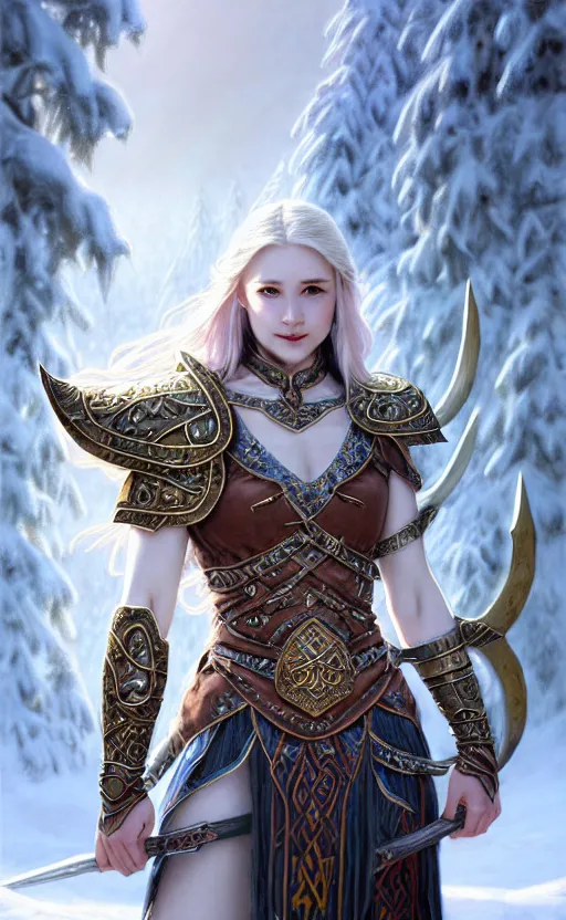 Image similar to opal viking warrior, regal, elegant, winter, snow, beautiful, stunning, hd, illustration, epic, d & d, fantasy, intricate, elegant, highly detailed, wide angle, digital painting, artstation, concept art, smooth, sharp focus, illustration, wallpaper, art by artgerm and greg rutkowski and alphonse mucha and jin xiaodi