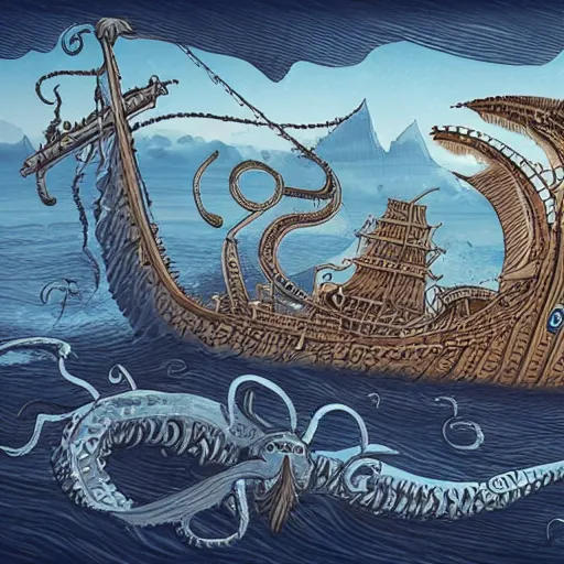 Prompt: kraken attacking a viking long ship in the middle of the ocean old european map
