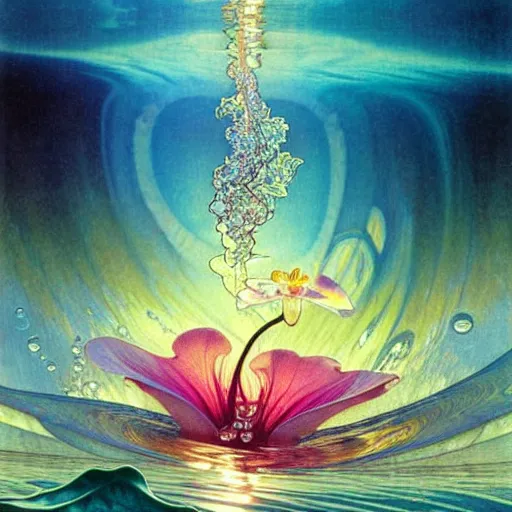 Image similar to detailed giant orchid flower surrounded by ocean wave, lsd water, ripples, transparent droplets, refracted backlit sunset, refracted lighting, art by collier, albert aublet, krenz cushart, artem demura, alphonse mucha