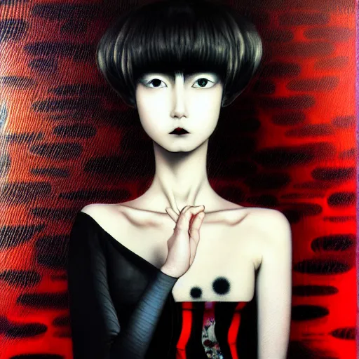 Image similar to yoshitaka amano blurred and dreamy realistic three quarter angle portrait of a young woman with black lipstick and black eyes wearing dress suit with tie, junji ito abstract patterns in the background, satoshi kon anime, noisy film grain effect, highly detailed, renaissance oil painting, weird portrait angle, blurred lost edges