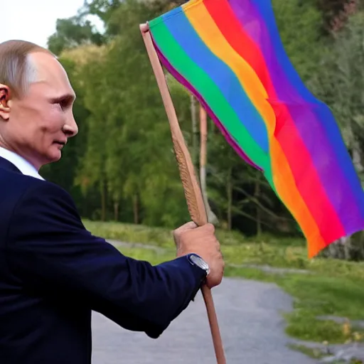 Prompt: a photo of vladimir putin holding a gay pride flag