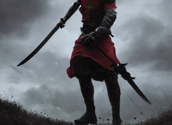 Image similar to close up cinematic artwork of Ryan Giggs staring down the enemy on the battlefield, sword raised in the air by Greg Rutkowski, 4k, masterpiece