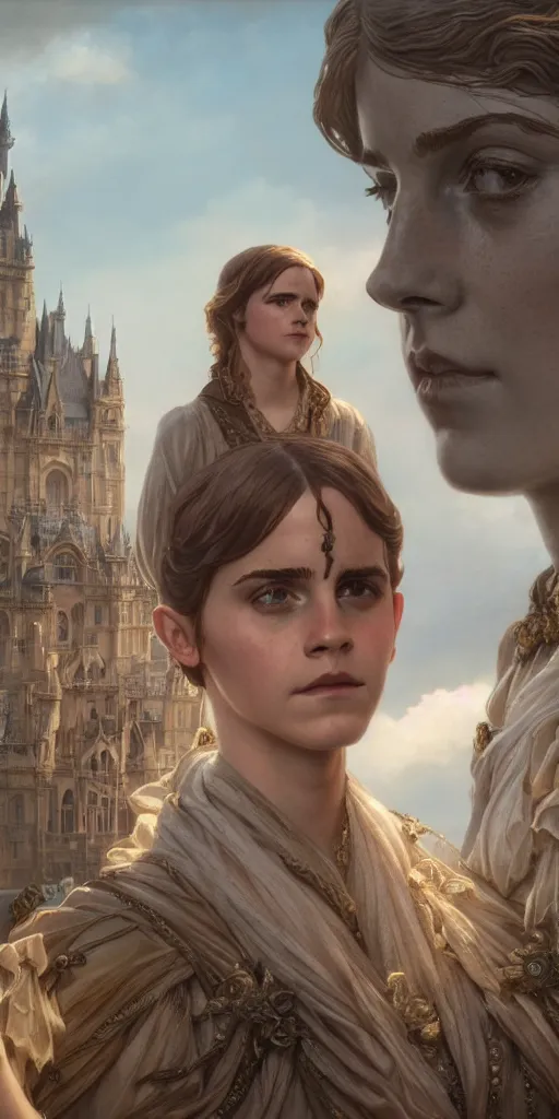 Prompt: highly detailed vfx portrait of emma watson as statue, stephen bliss, unreal engine, chrome reflect, greg rutkowski, tom bagshaw, alphonse mucha, global illumination, detailed and intricate environment