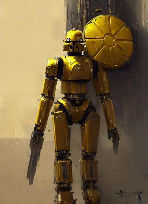 Prompt: human-sized strong intricate yellow pit droid holding paladin medieval shield!!!, pancake short large head painterly humanoid mecha, by Greg Rutkowski