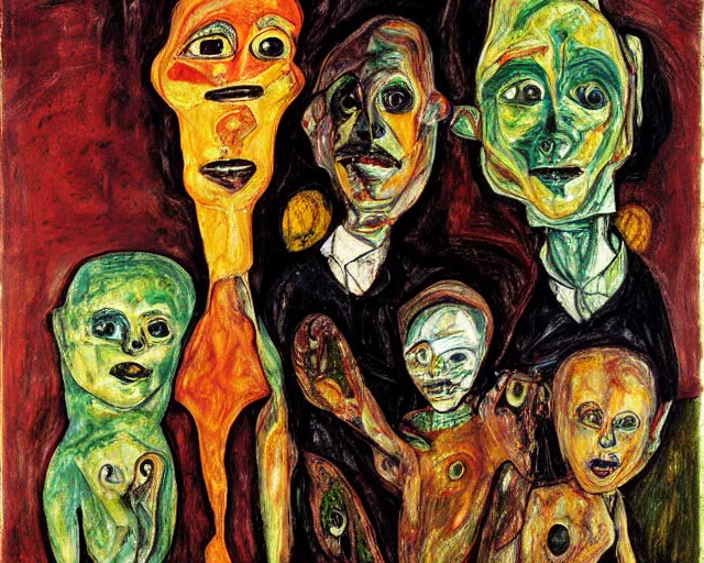 Prompt: a painting of an alien family portrait by graham sutherland, egon schiele, expressionism