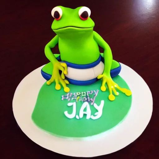 Prompt: a frog with a birthday cake, in the style of a cartoon