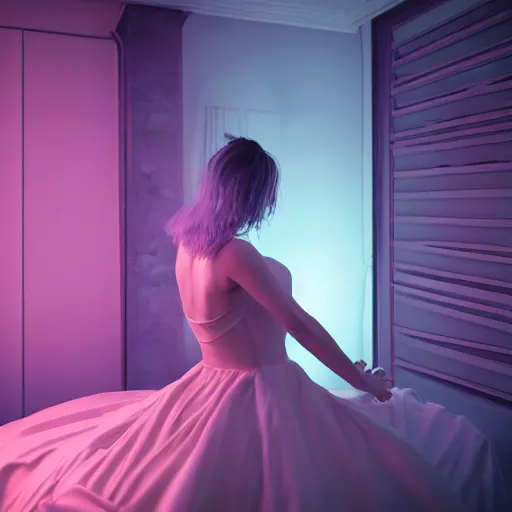 Image similar to photo of a lonely woman wearing a gown dancing in her bedroom during the night, cyberpunk, neon, very detailed, soft lights, depth of field, unreal engine 5, heavy grain, detailed face