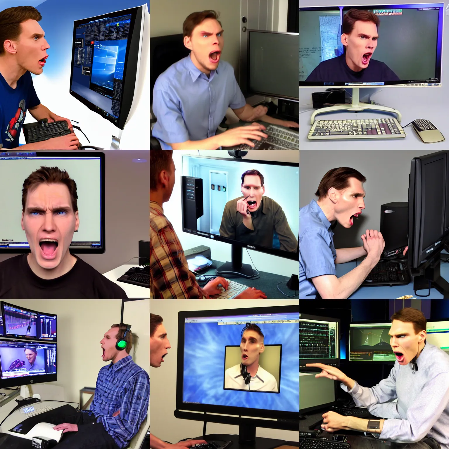 Prompt: jerma 9 8 5 yelling at the computer monitor