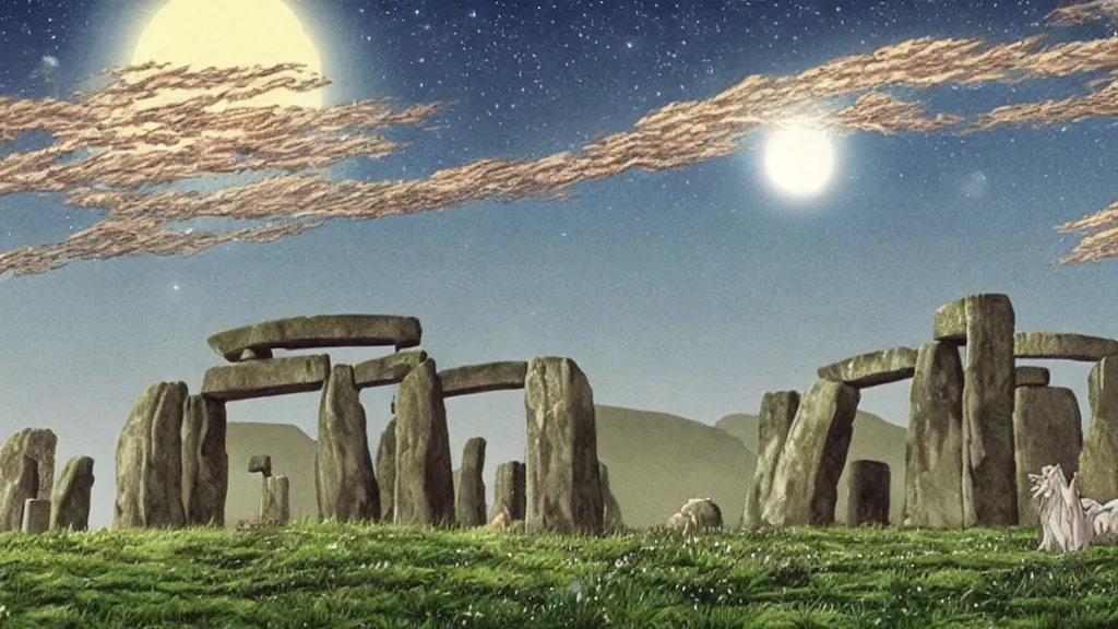 Prompt: a cell - shaded cartoon from princess mononoke ( 1 9 9 7 ) showing a huge ufo over stonehenge. in the background is machu pichu on a misty and starry night. very dull muted colors, hd, 4 k, hq