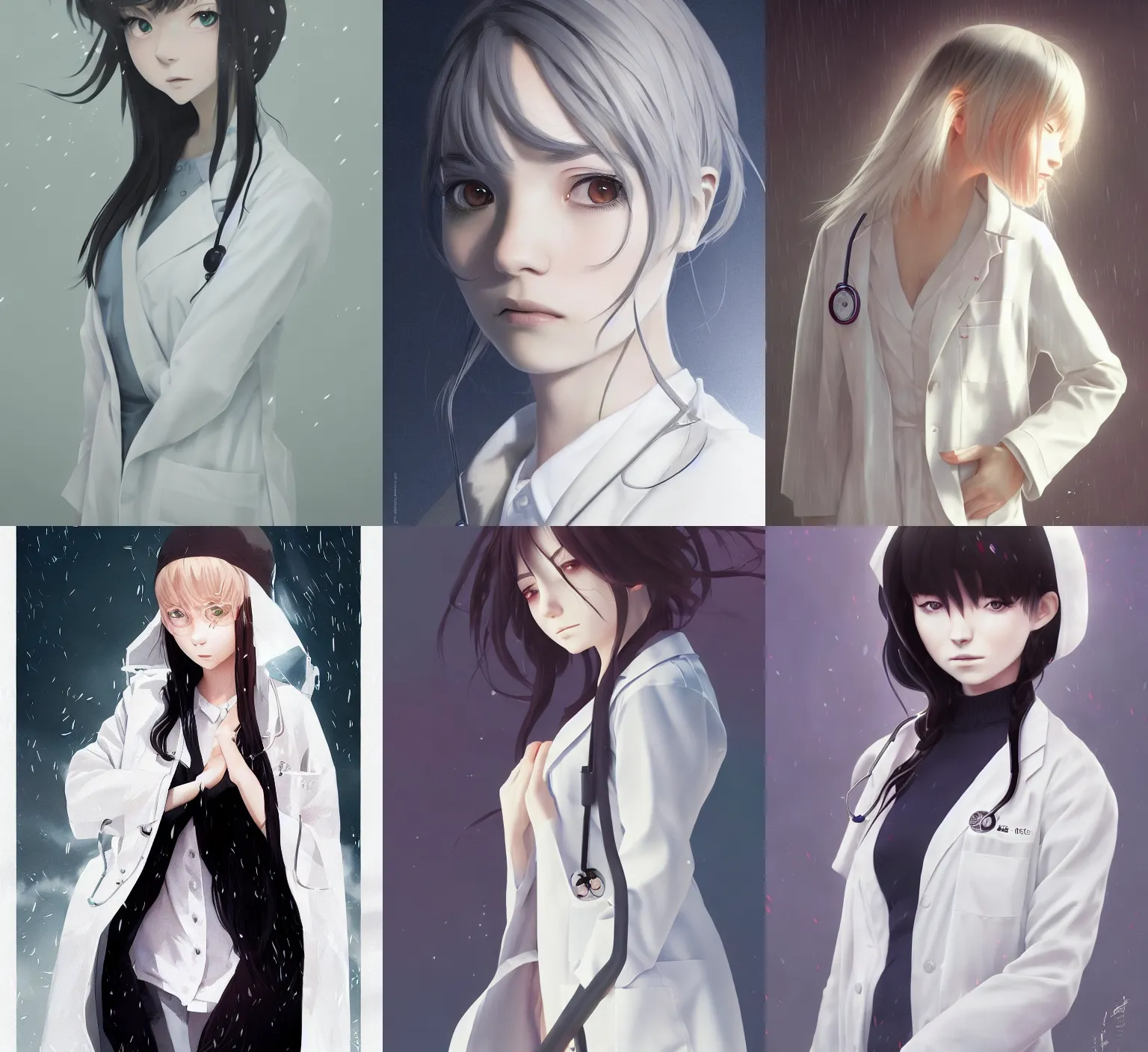 Prompt: detailed, sharp, full body portrait of a sad and gloomy crying female physician wearing a white coat by Ilya Kuvshinov and Anna Dittmann and studio ghibli and WLOP and Rossdraws, digital art, trending on artstation, anime arts, featured on Pixiv, HD, 8K, highly detailed, good lighting, beautiful, epic, masterpiece