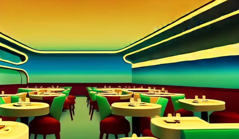 Prompt: a beautiful, sharp focus, clean lines. the interior of an art deco undersea restaurant. vaporwave ombre rendering. outrun style. trending on artstation. recommended for you behance. by chris moore. by edward hopper. ambient occlusion. digital matte painting. metropolis filmic. gotham city.