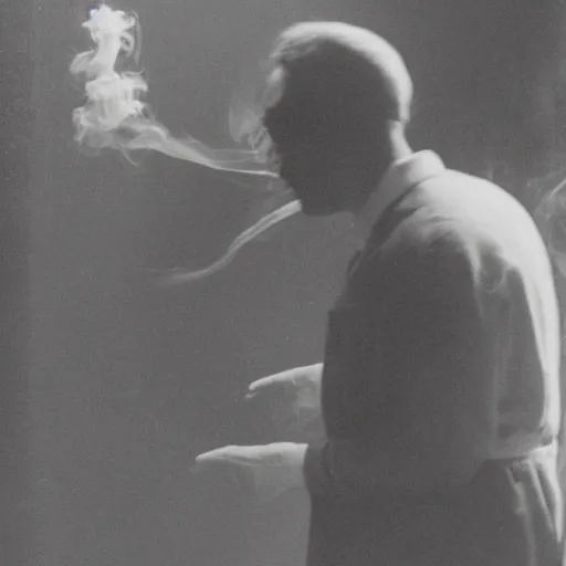 Image similar to photograph of a man in the process of transmuting into smoke