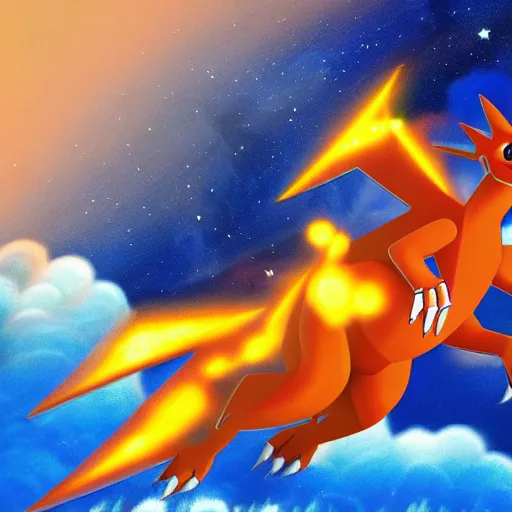 Prompt: ultra realistic charizard from real life flying into space and time above the clouds, the stars and galaxies are shining bright, ue 5, award winning, sharp focus, illustration