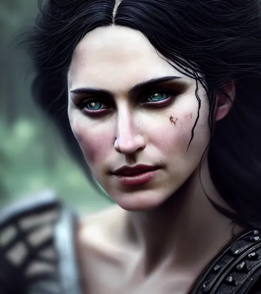 Image similar to 5 5 mm close up portrait photo of anya chalotra as yennefer of vengerberg in black leather armor and long black fluff hair, in a forest. magical atmosphere. art by greg rutkowski. lifelike. very detailed 8 k. intricate. soft light. nikon d 8 5 0.