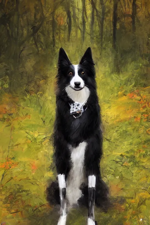 Prompt: portrait of a cute male anthropomorphic border collie fursona wearing a suit in a sunny glade. by henry asencio, jon foster, and ross tran. scenic background, highly detailed, concept art, furry, glamor pose, elegant, aesthetic, beautiful, trending on artstation, top rated on furaffinity and deviantart