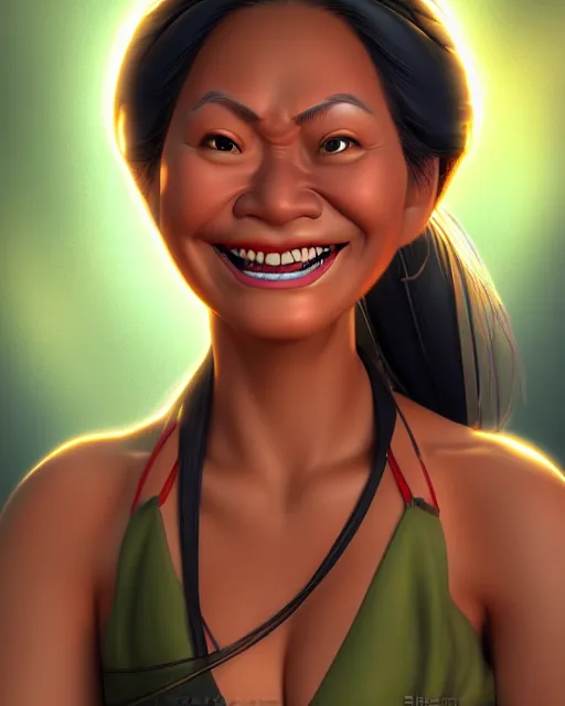 Prompt: smiling happy heavy filipina woman character portrait, by don bluth, sci - fi environment, highly detailed, dynamic shadows, 4 k, wallpaper - 1 0 2 4