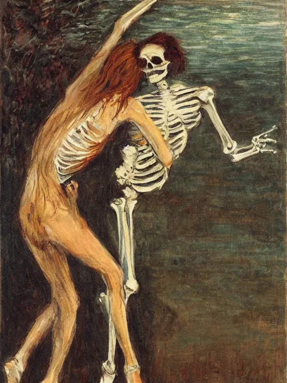 Image similar to young man's skeleton dancing with a long-haired drowned woman, pale, dark background, impressionism