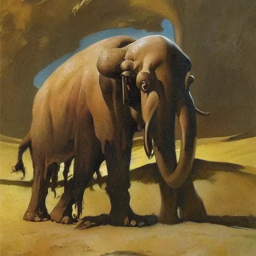 Prompt: a mammoth threatening a girl, detailed oil painting by Frank Frazetta