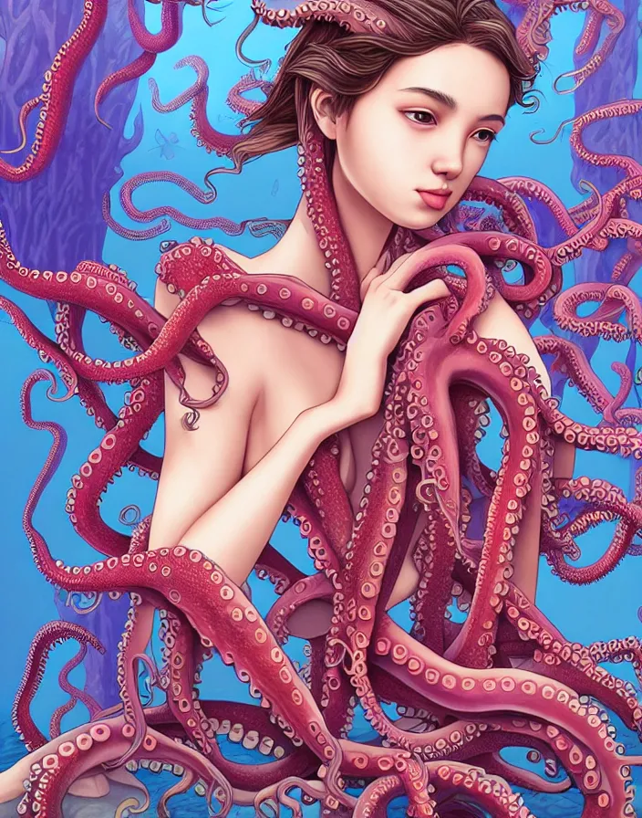 Image similar to richly detailed color  illustration of a female student, 'lost in an octopus's garden', large format image. illustrated by Artgerm. 3D shadowing.