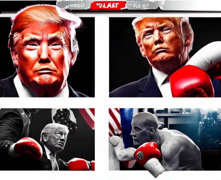 Image similar to hyper detailed ultra sharp full body character portrait of donald trump in a boxing match with joe biden, cinematic lighting, good value control, league of legends splash art, photorealistic eyes, smooth, realistic shading, enhance face, painted texture maps,