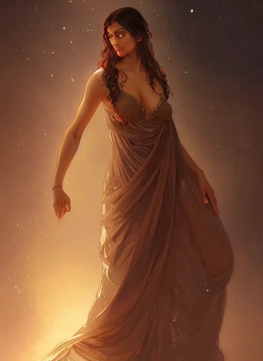 Image similar to cute brown woman wearing a transparent night gown, fantasy, intricate, highly detailed, digital painting, artstation, concept art, wallpaper, smooth, sharp focus, illustration, art by artgerm and greg rutkowski and alphonse mucha