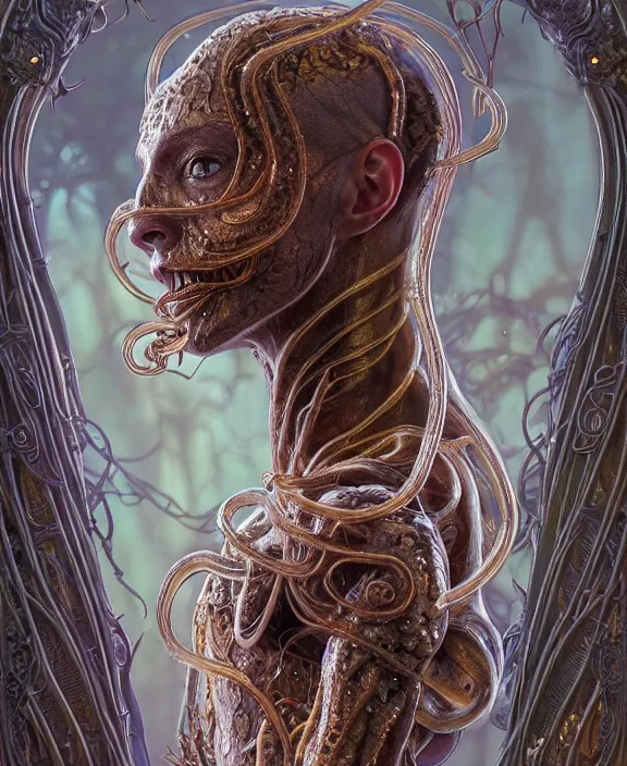 Image similar to intricate ornate opulent transparent clear see - through portrait of a terrifying beautiful skinny male alien centipede, mottled coloring, adorable, childlike, overgrown jungle environment, ultra realistic, concept art, art nouveau, photorealistic, octane render, 8 k, unreal engine. art by christopher marley and artgerm and greg rutkowski and alphonse mucha