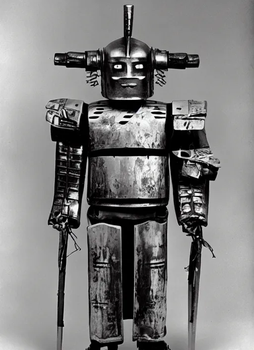 Image similar to old photo of robot samurai by akira kurosawa