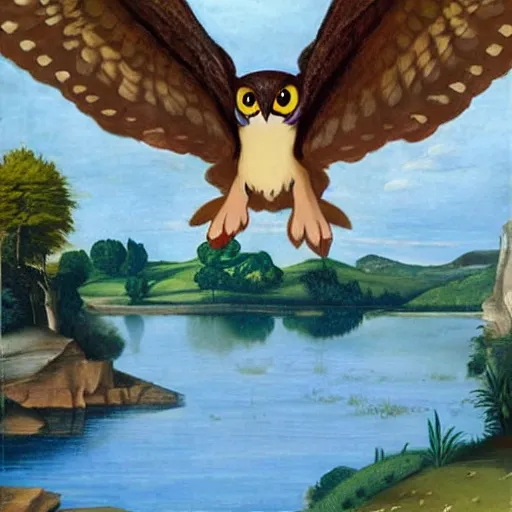 Prompt: Pokemon Noctowl flying above a lake painted by Caravaggio. High quality.