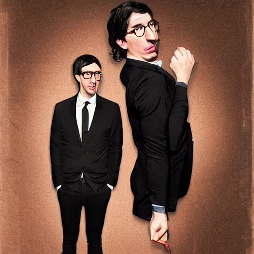 Prompt: photo booth of 2 people, john oliver on left, adam driver on right, full body, elegant, beautiful, highly detailed, centered, dark, smokey, digital painting, concept art, smooth, sharp focus, illustration, deviant art, art by artgerm, art by greg rutkowski, art by alphonse mucha