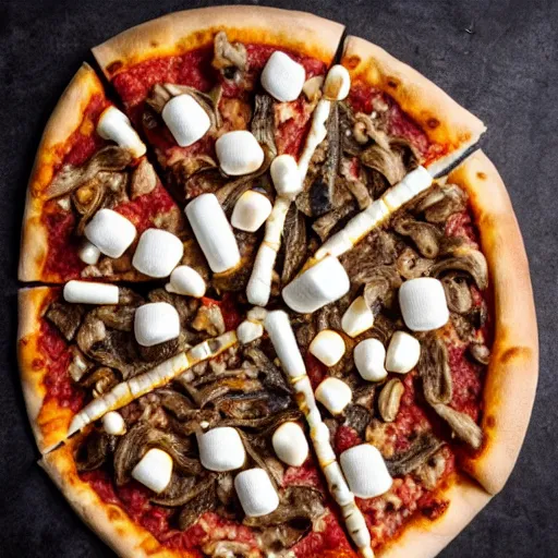 Prompt: A pizza with marshmallows, sardines, and corn as toppings