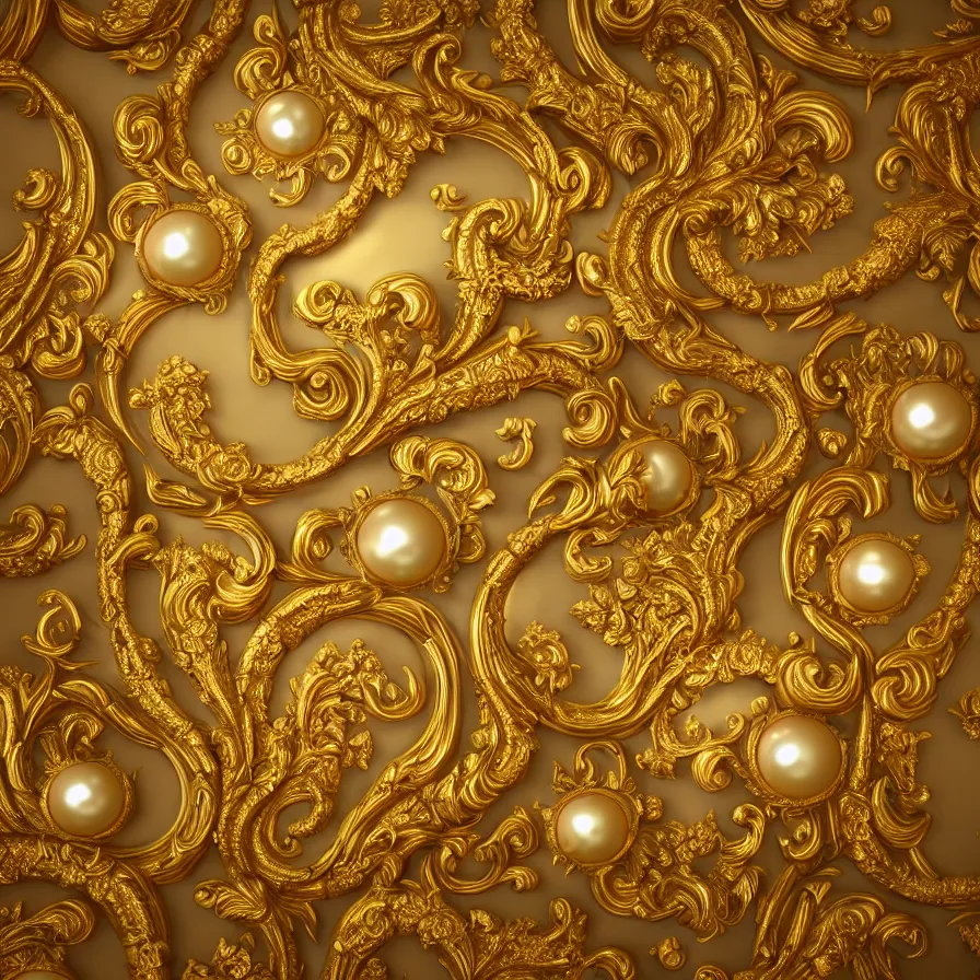 Image similar to subsurface scattering, seamless 3 d baroque gold pattern, beautiful dynamic shadows, gold and pearls, symmetrical, rococo elements, damask, artstation, versace pattern, concept design art, octane render, 8 k