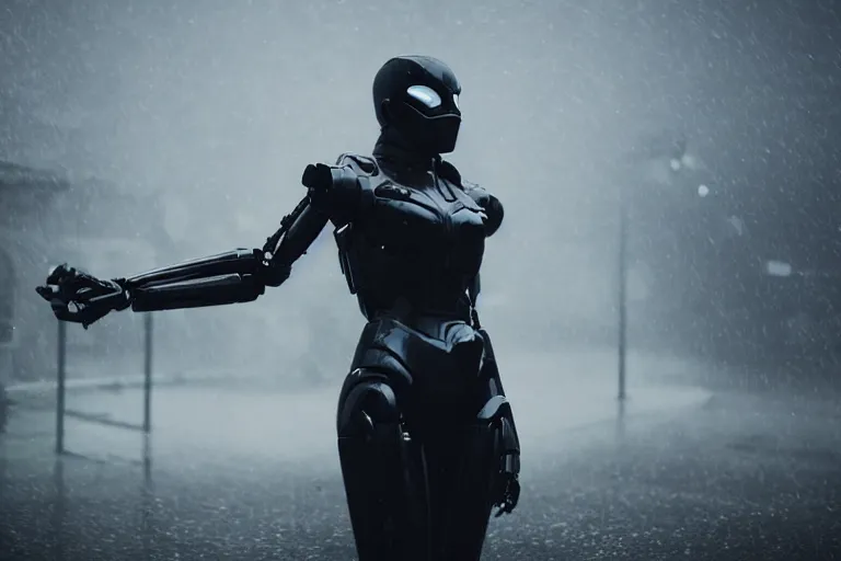 Image similar to vfx marvel sci-fi woman black super hero robot photo real full body action pose closeup, city street cinematic lighting, rain and fog by Emmanuel Lubezki