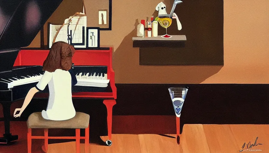 Prompt: sprocker Spaniel , playing a piano.Martini on the side, illustration. Artwork. Niore