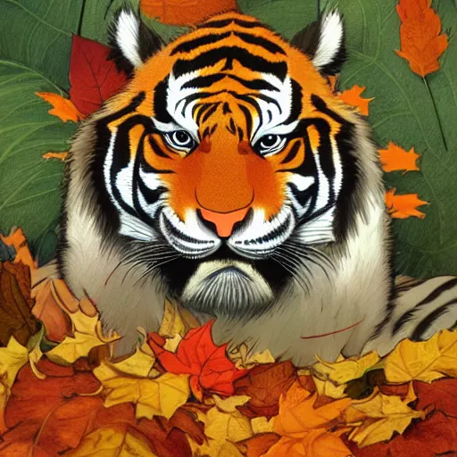 Image similar to a highly detailed portrait of cartoon tiger, sweating, flapping a leaf fan, autumn leaves on the ground, concise lines, ultradetailed environment, sharp focus, cinematic lighting, character art, 8 k, by alphonse maria mucha and kim jung gi