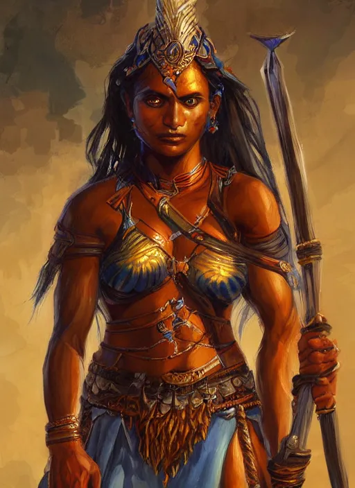 Image similar to highly detailed painting of a warrior goddess maldivian, tan skin, blue - eyes, high fantasy, dungeons and dragons art by jon foster trending on artstation