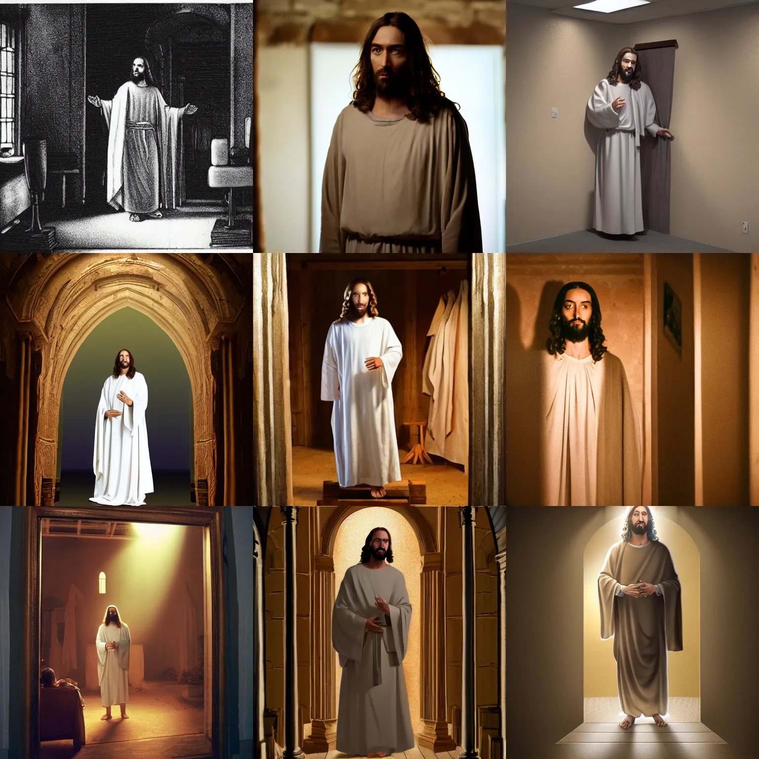 Prompt: a photo of jesus standing in the backrooms