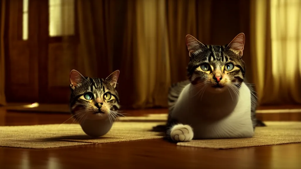 Image similar to an average american cat in the living room, film still from the movie directed by Denis Villeneuve with art direction by Salvador Dalí, wide lens