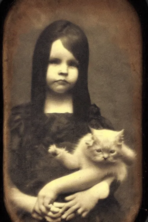 Prompt: faded daguerreotype portrait of disturbing haunted demonic abomination holding cute kitten